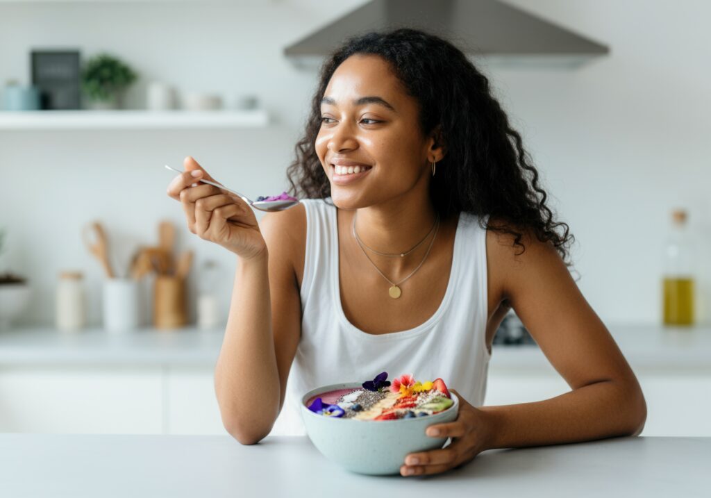 Woman enjoying a balanced breakfast to support steady blood sugar and energy throughout the day and improve chances of fertility